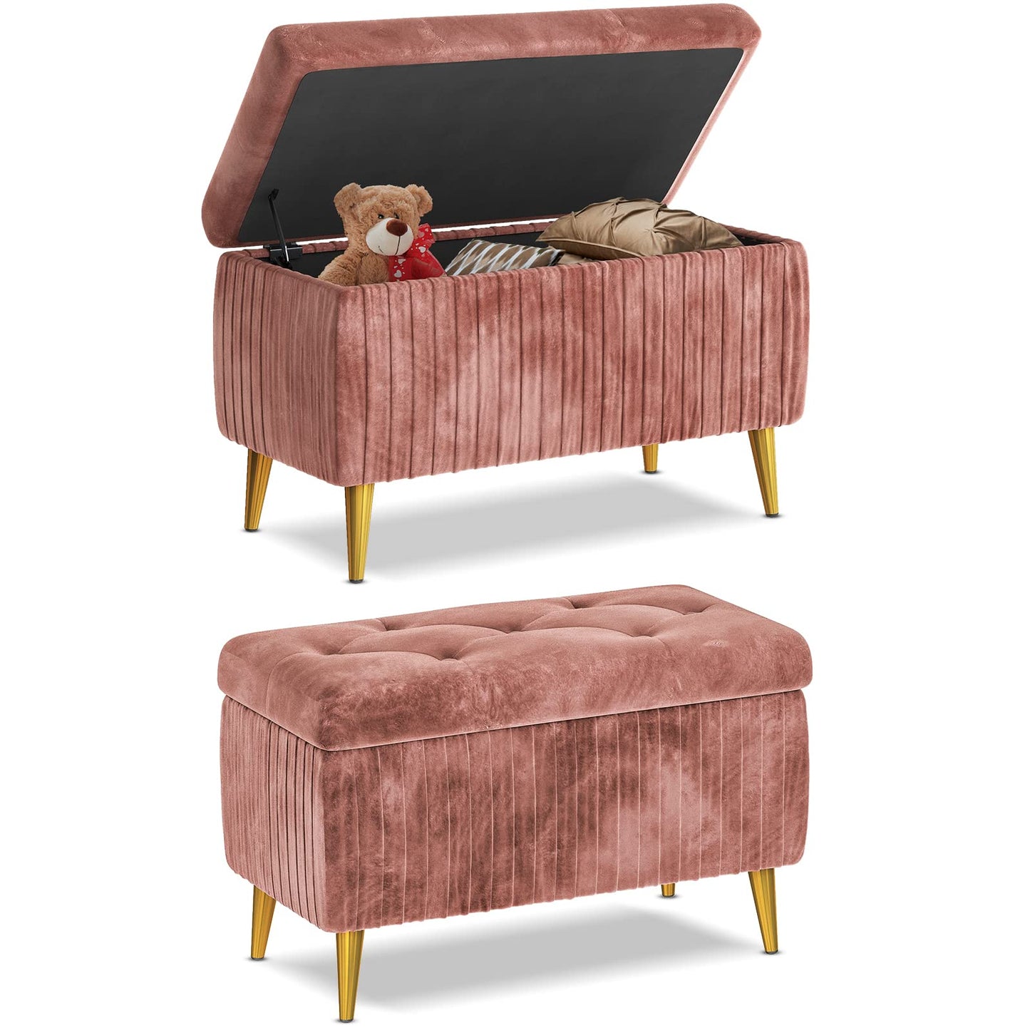 AWQM Tufted Storage Ottoman, Velvet Upholstered Storage Ottoman