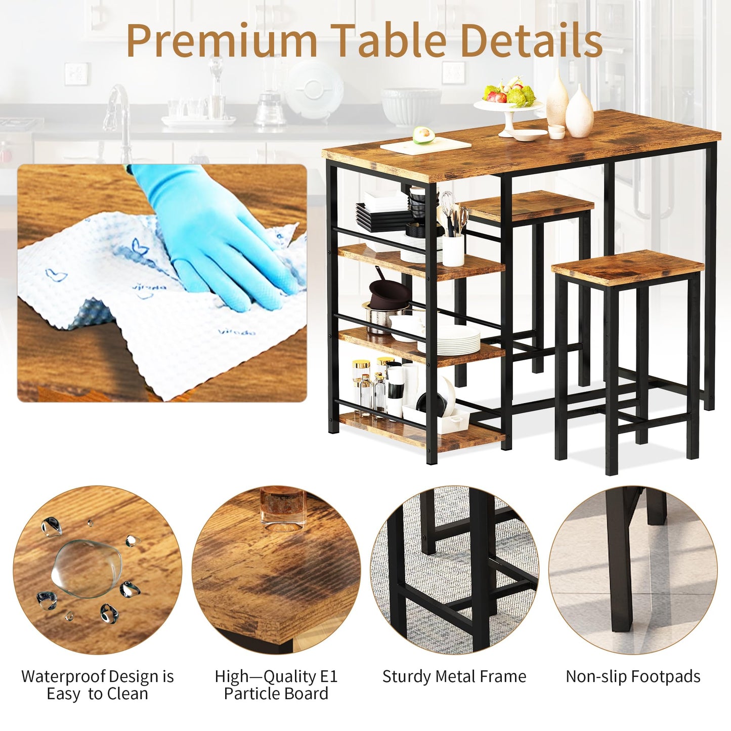 AWQM Industrial Wood 2-Person Dining Table Set with High Bar