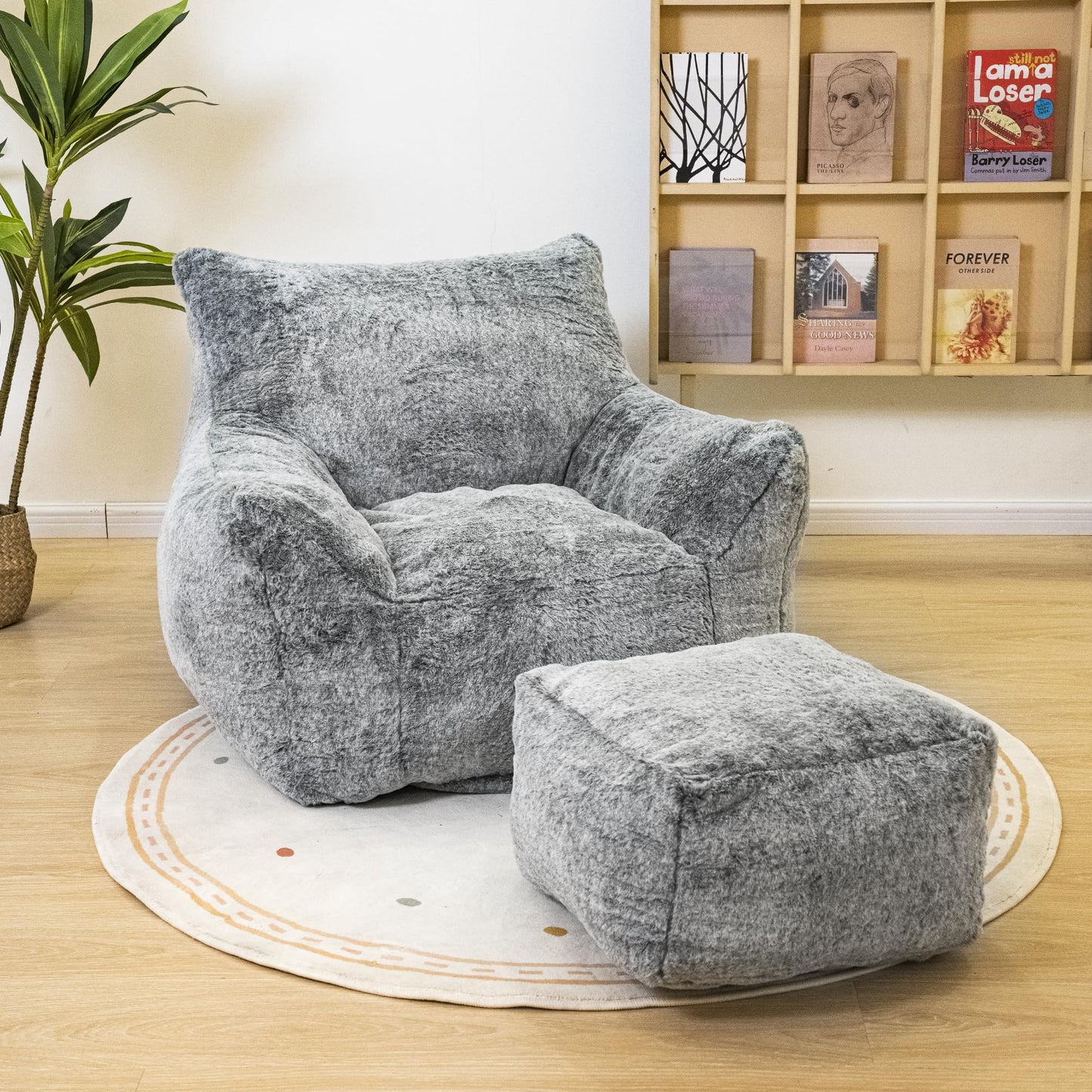 AWQM Bean Bag Chair with Footstool, Bean Bag Chair with Padded Arms