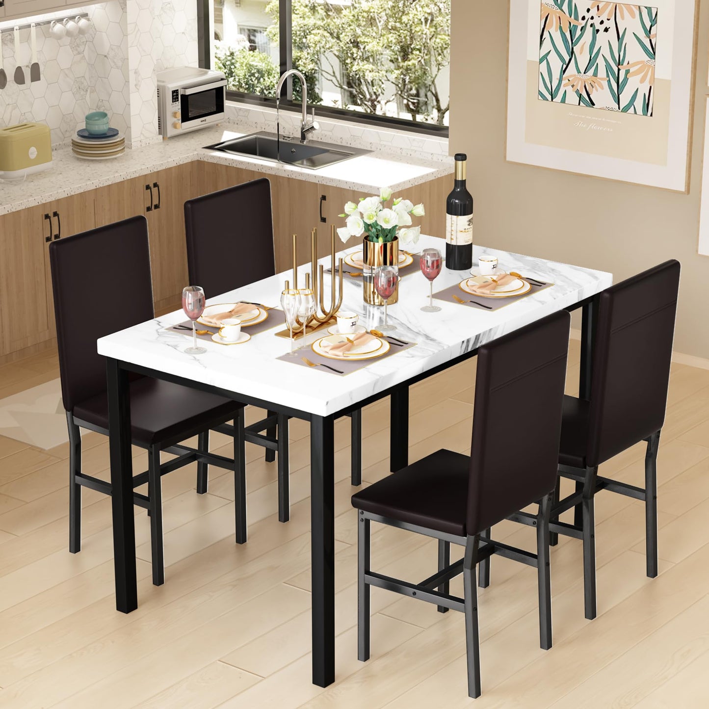 AWQM Modern Faux Marble 4 Person Dining Table Set, Space Saving 5 Piece Dining Table Set.
