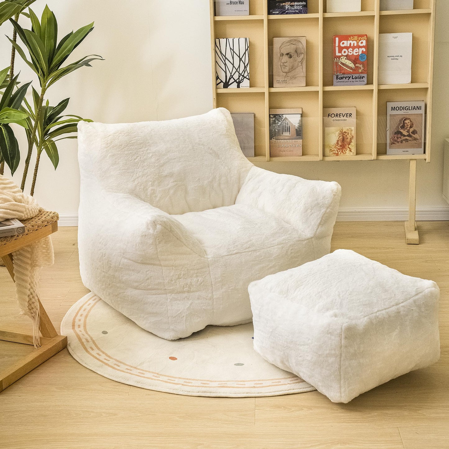 AWQM Bean Bag Chair with Footstool, Bean Bag Chair with Padded Arms