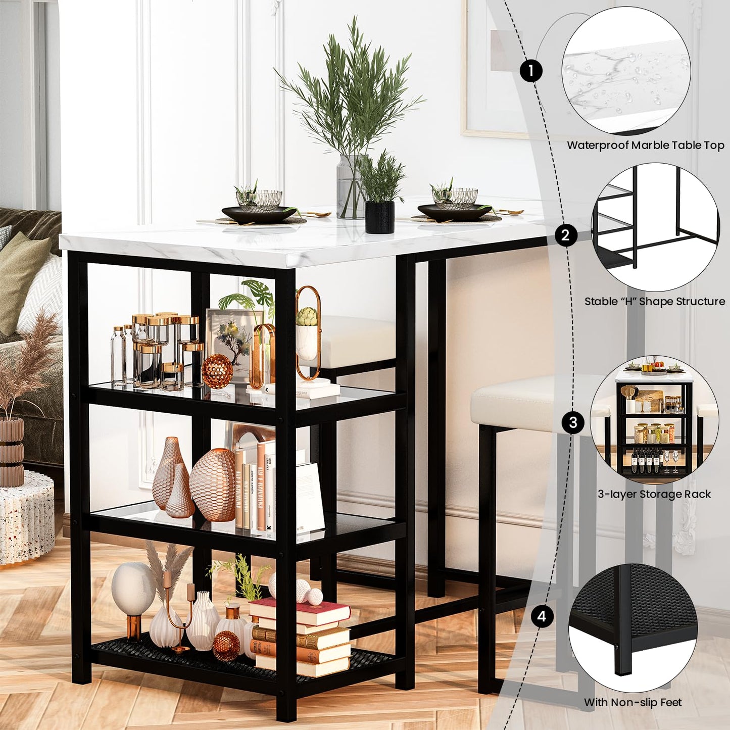 AWQM Marble Kitchen Island Bar 3 Piece Dining Table Set for 2 with 2 Velvet Stools