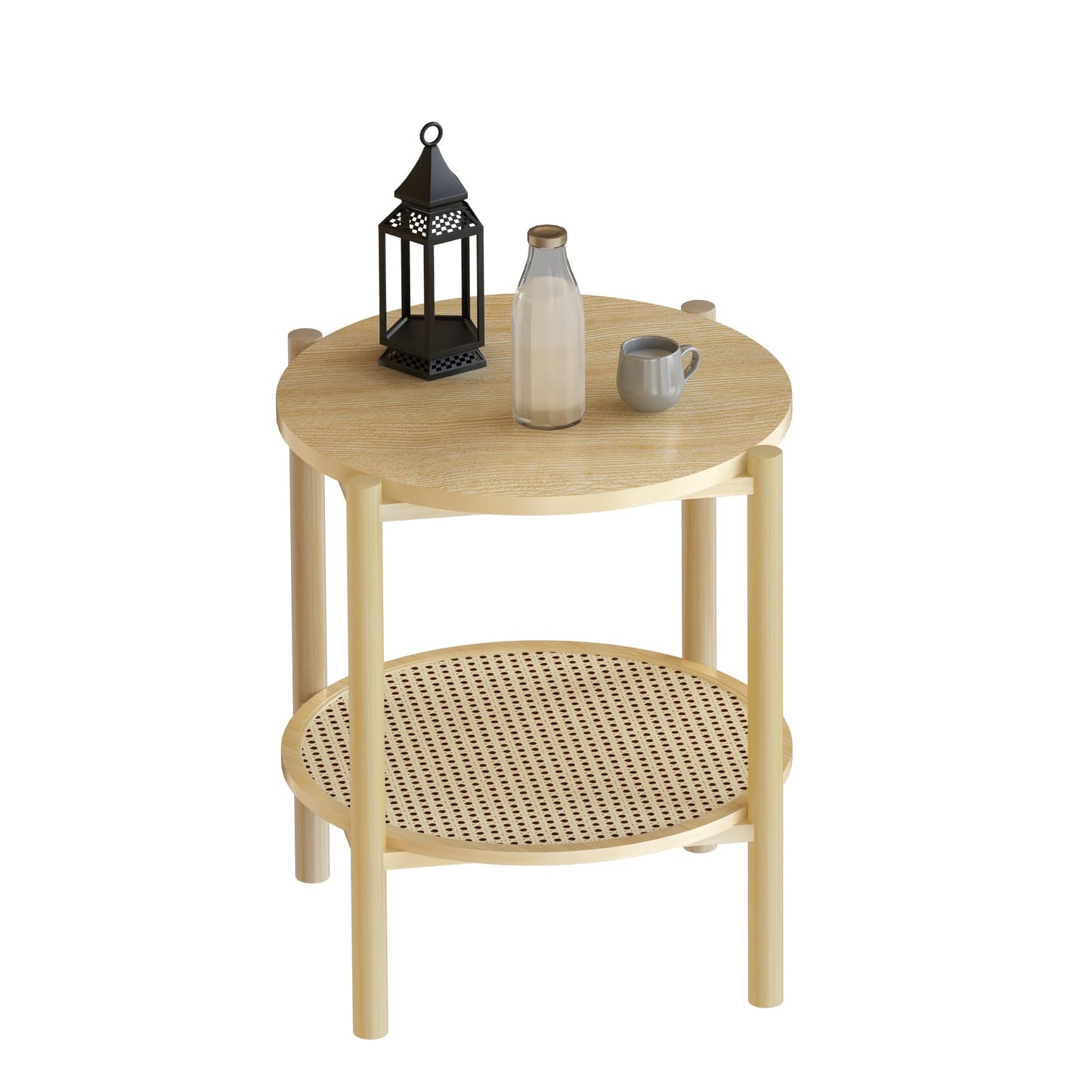 AWQM 2-tier round coffee table, rattan bedside table small bedside table