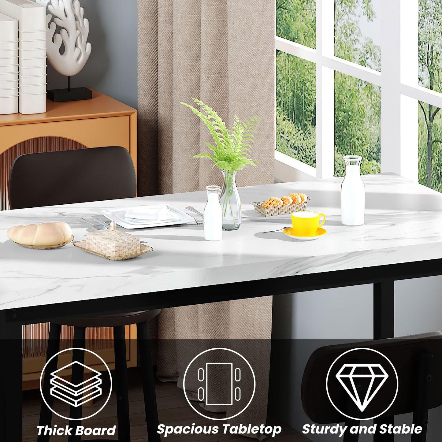 AWQM, 47-Inch Rectangular Kitchen Marble Table and Chair Set with PU Leather Stools