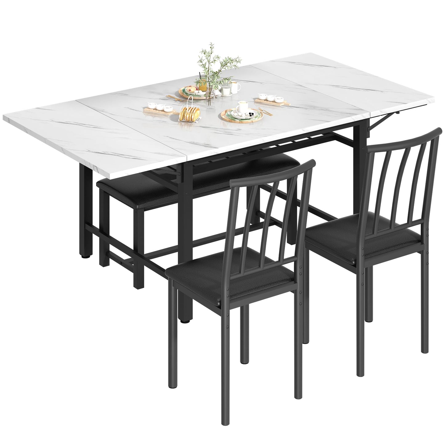 AWQM Industrial Wood 4-Piece Faux Wood Folding Leaf Dining Table Set with Storage Rack