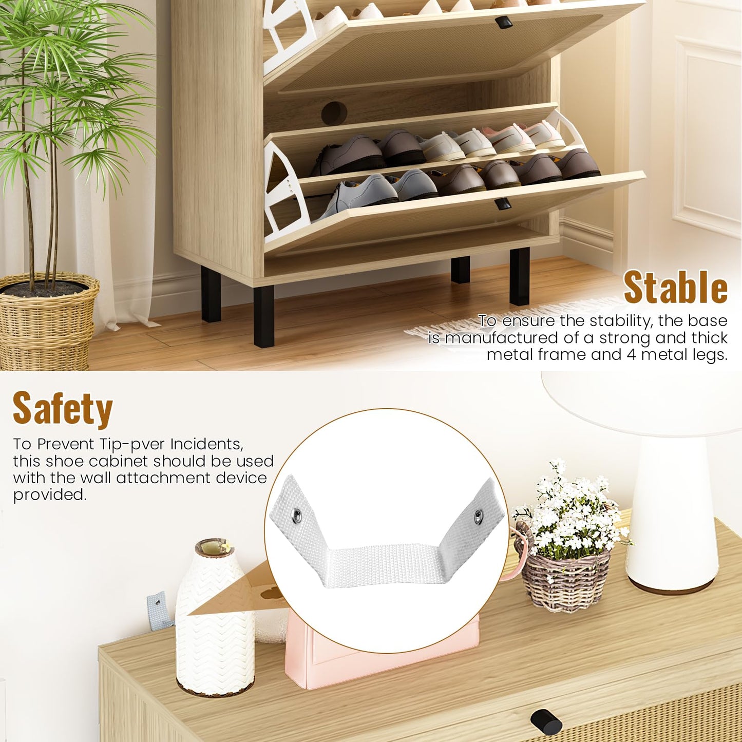 AWQM Freestanding shoe cabinet with 3 rattan flip-up drawers