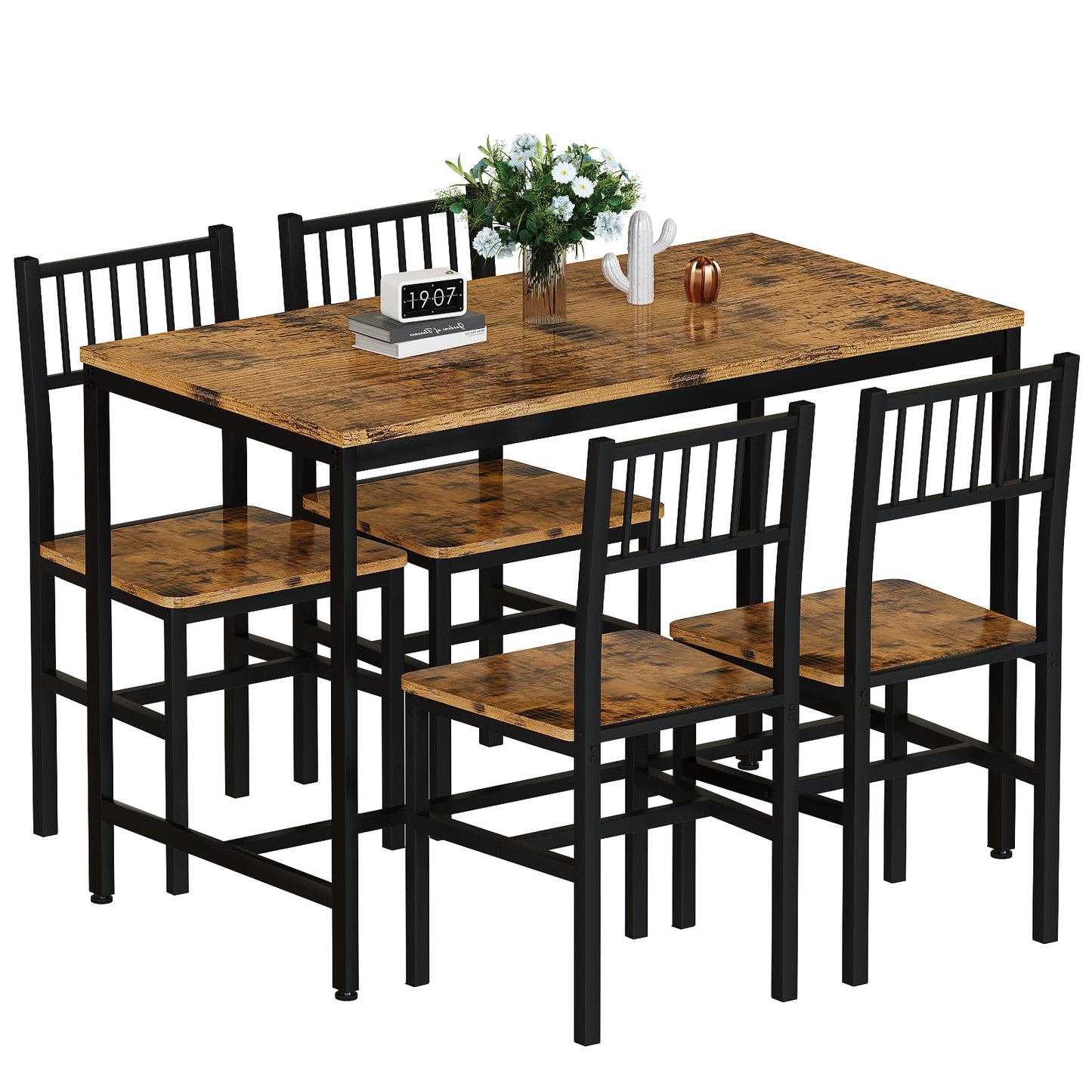 AWQM Industrial Wooden Metal Frame Dining Table and Chairs for 4 Persons