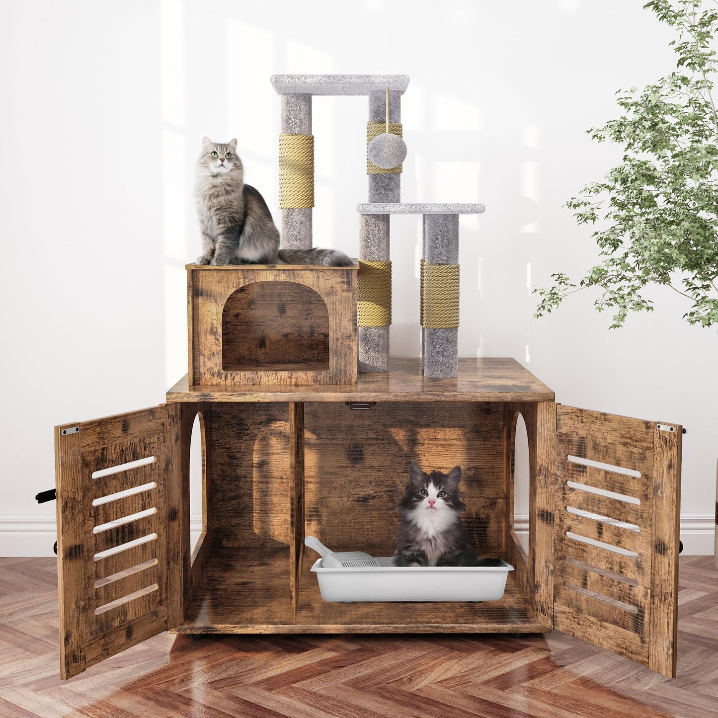 AWQM Cat Tree with Litter Box Enclosure Partition Hidden Litter Box