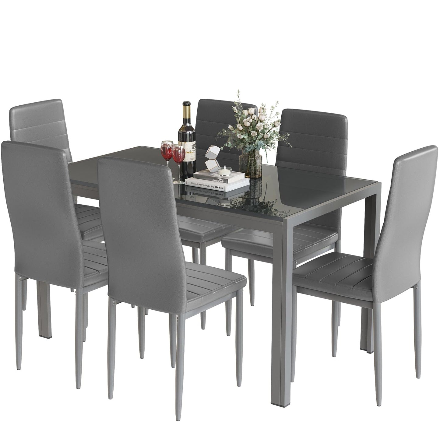 AWQM Glass Dining Table, Set of 7, Dining Table for 6