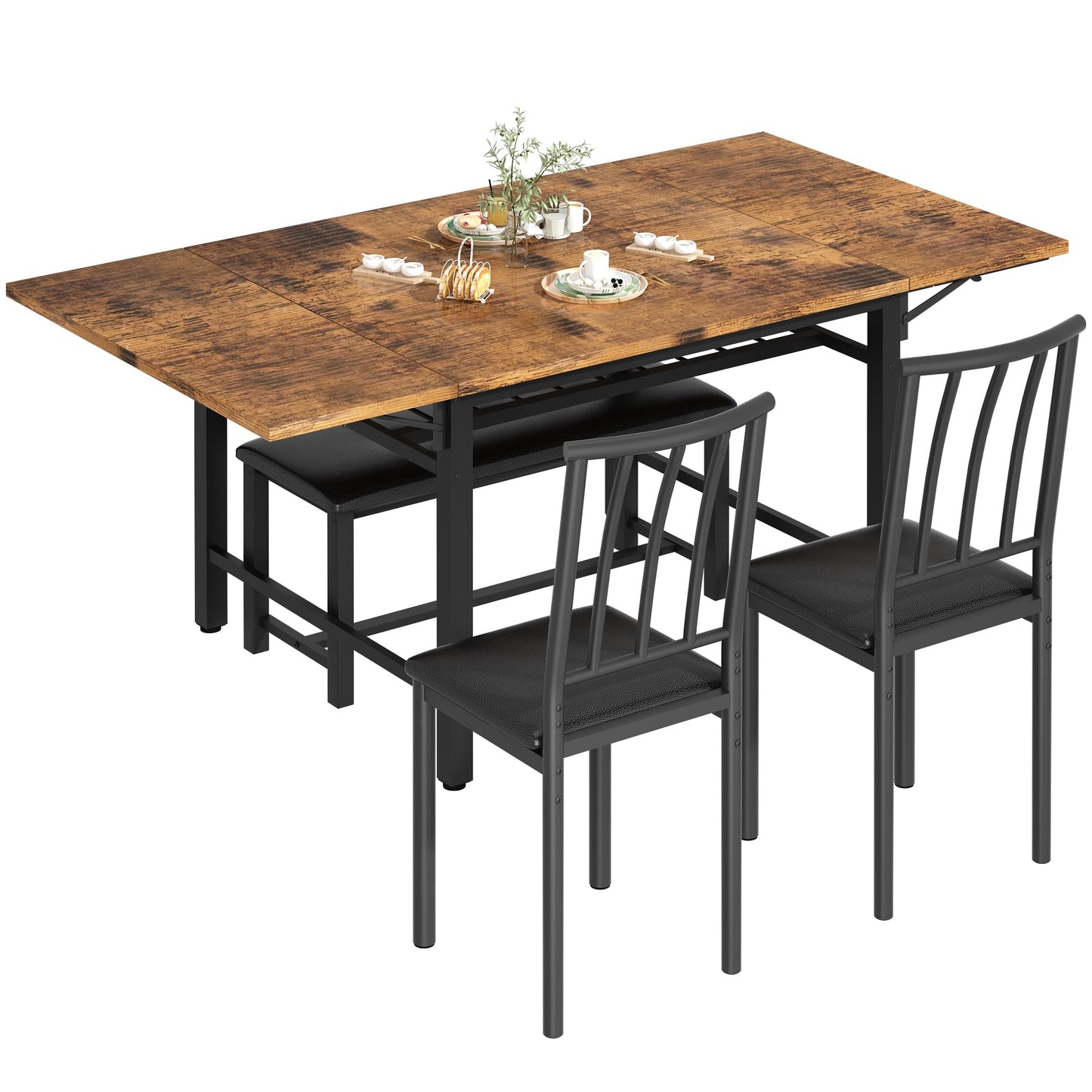 AWQM Industrial Wood 4-Piece Faux Wood Folding Leaf Dining Table Set with Storage Rack