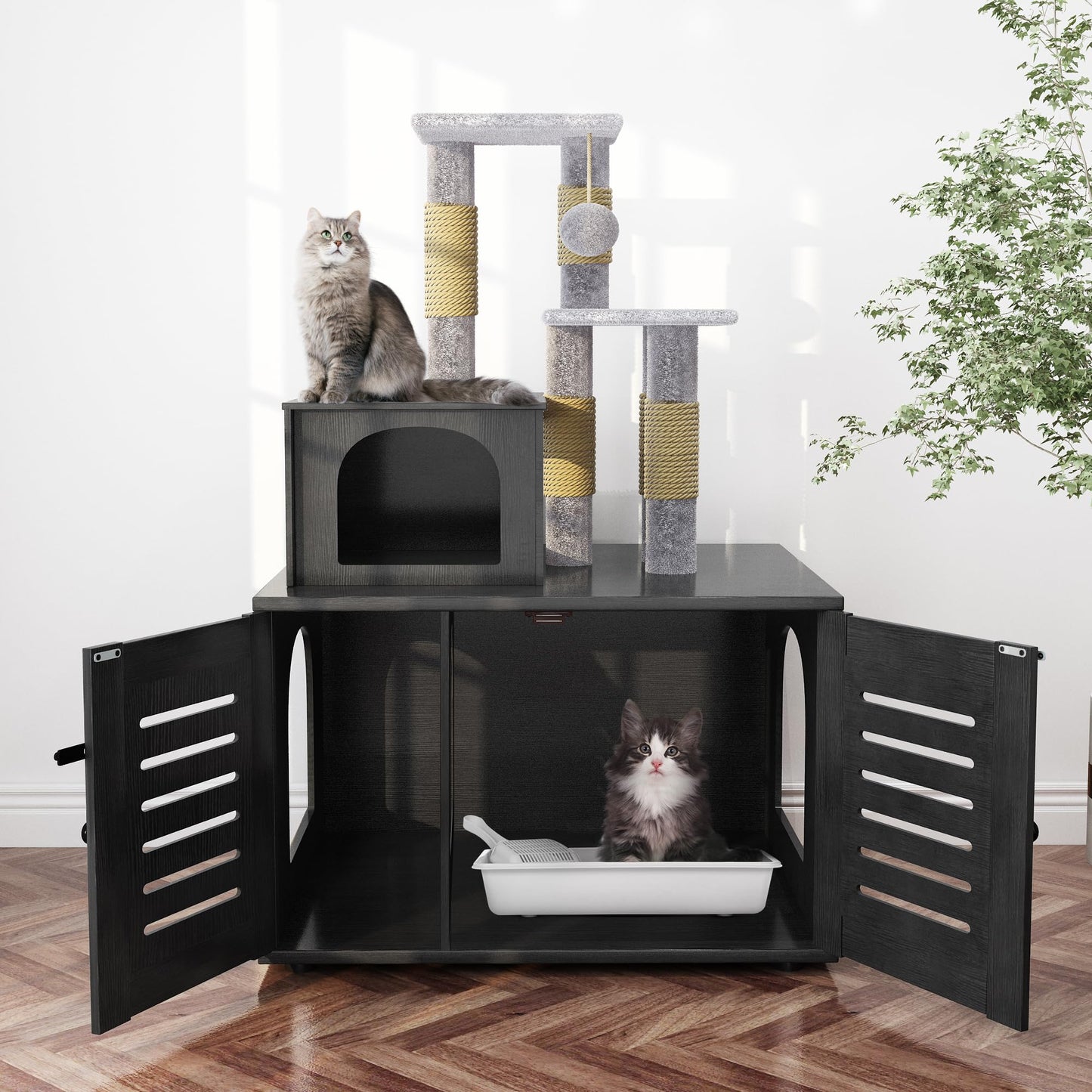 AWQM Cat Tree with Litter Box Enclosure Partition Hidden Litter Box