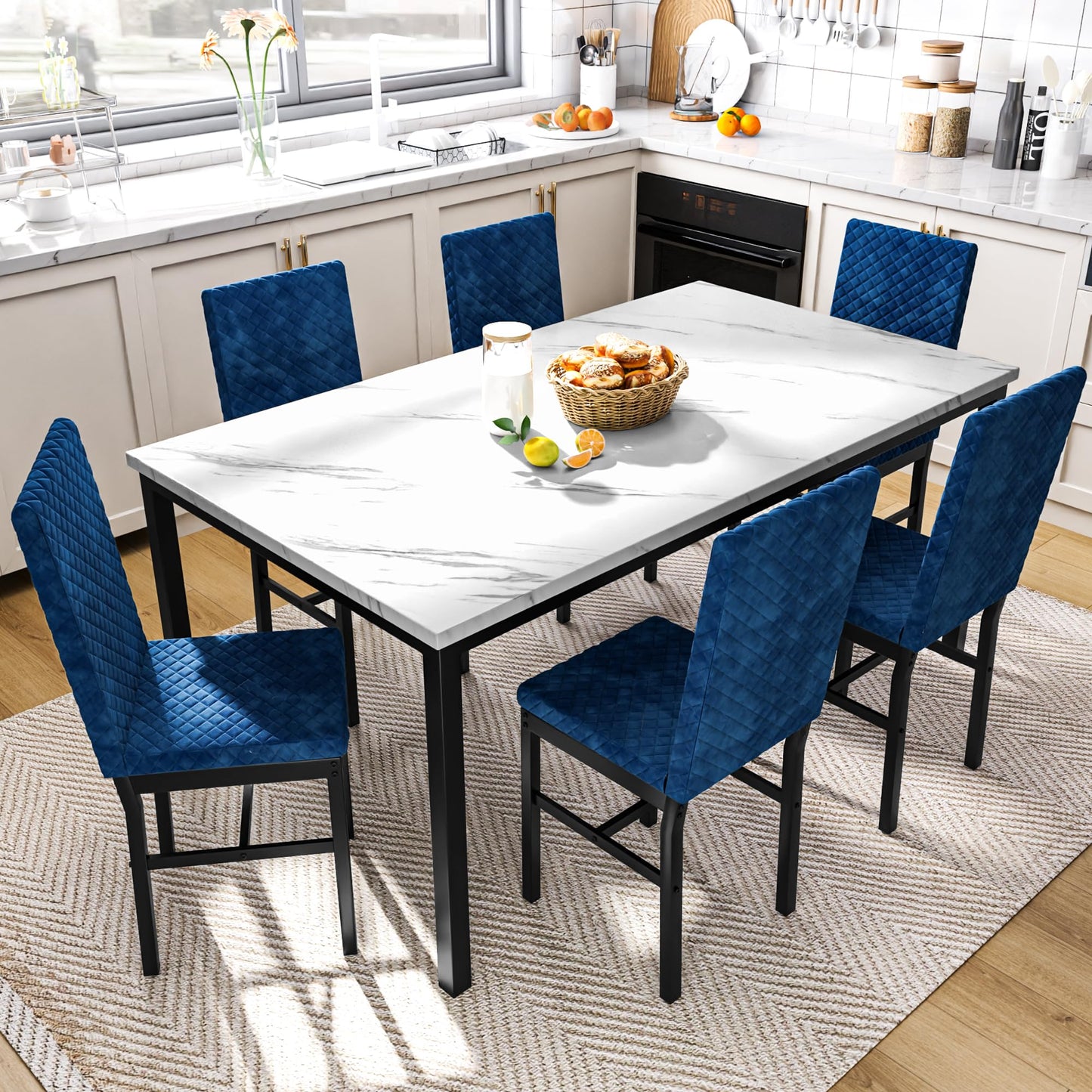 AWQM Modern Marble Kitchen Dining Table and Chairs 6 Person Dining Velvet Stools