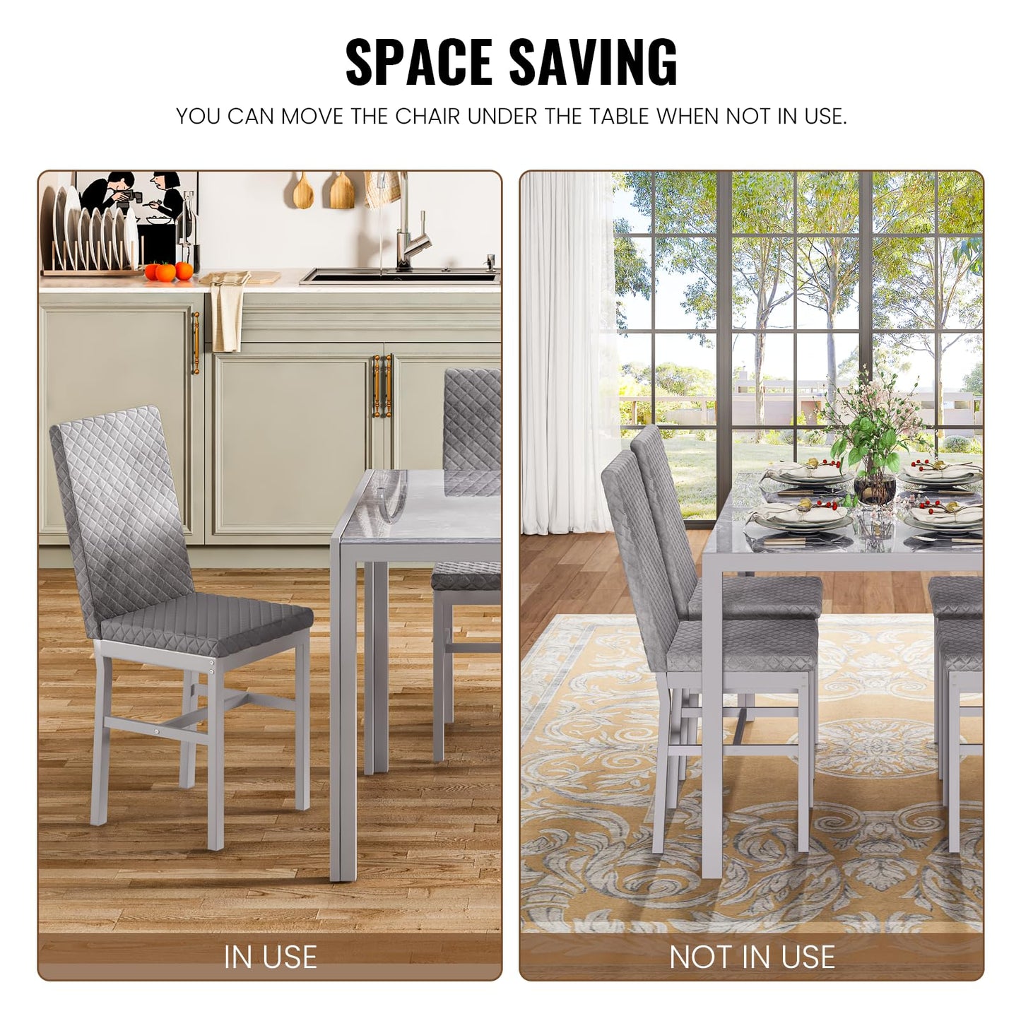 AWQM Glass Dining Table and Velvet Dining Chairs 4-Person Dining Table Set