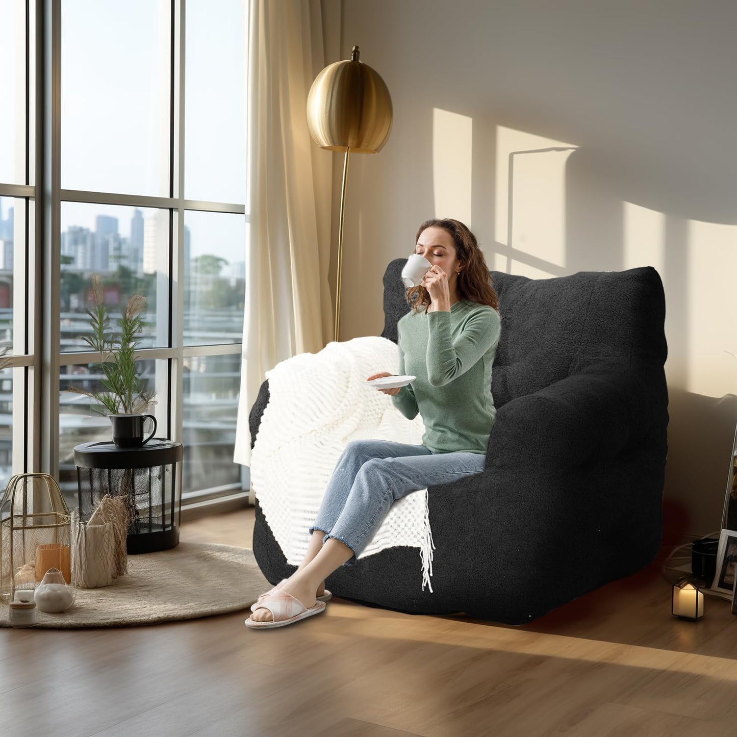 AWQM Padded Giant Bean Bag Chair, Giant Fluffy Faux Fur Bean Bag Lounger