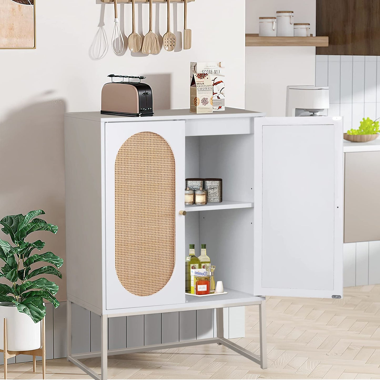 AWQM Rattan Sideboard Buffet Cabinet 2-Piece Set with Door Storage