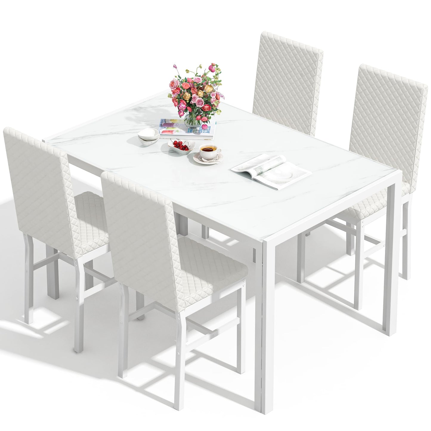 AWQM Glass Dining Table and Velvet Dining Chairs 4-Person Dining Table Set