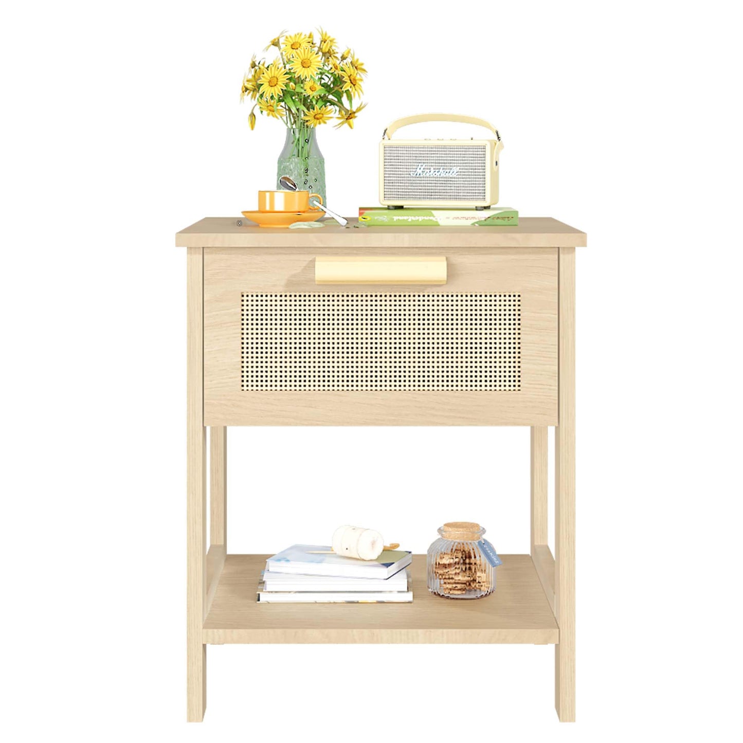 AWQM Bedside table, rattan coffee table, side table with rattan drawers and open shelves