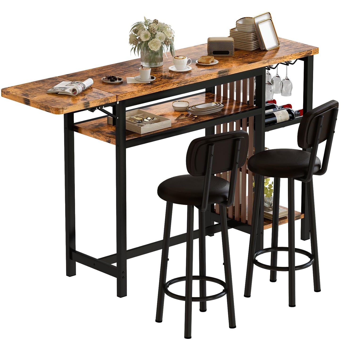 AWQM industrial wood bar table and chairs set, dining table for 2