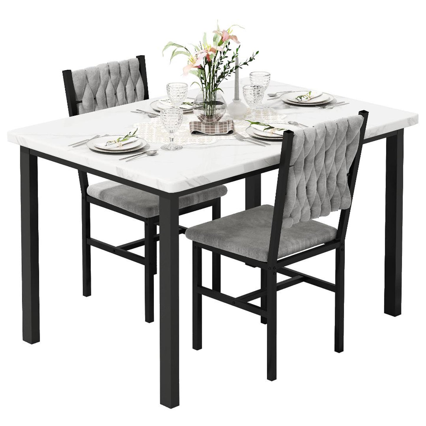AWQM 3 Piece Dining Table Set for 2, Small Kitchen Dining Table with Upholstered Chairs, Compact Dining Table Set for Small Spaces, Space for Dining Room, Living Room, Apartment (White+Gray)