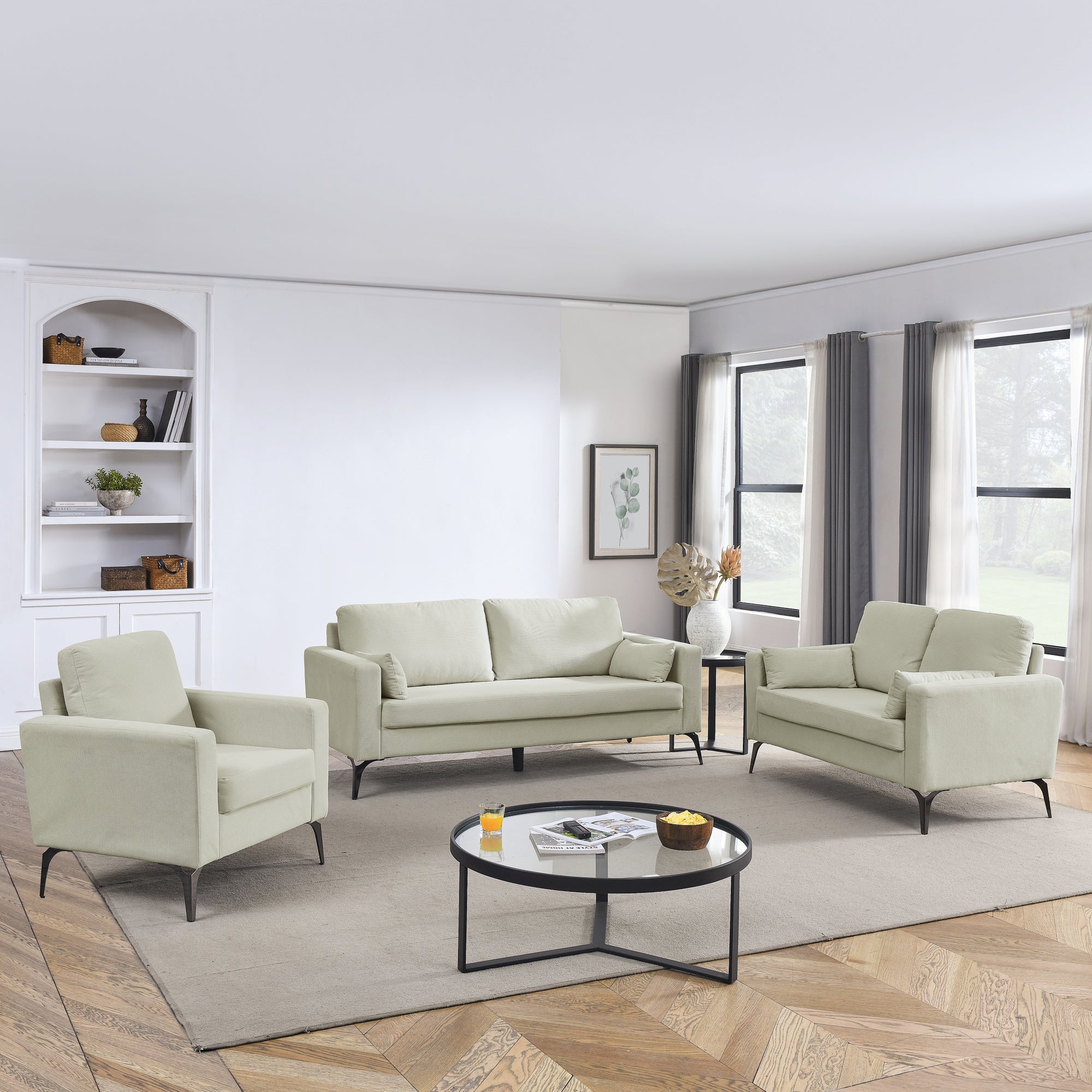 3 Piece Corduroy Sofa Set, including 3-Seater Sofa, Loveseat and Sofa Chair