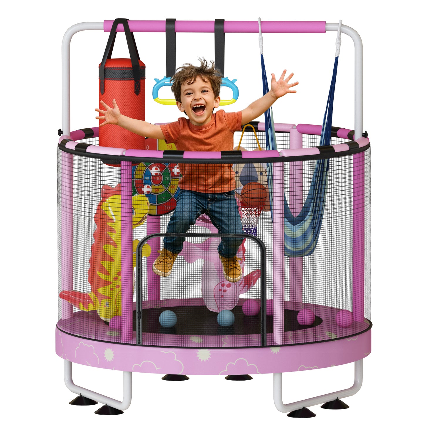 AWQM 55" 7-in-1 Round Trampoline for Kids Boys & Girls Ages 1-8, Indoor & Outdoor Trampoline for Fun, Adjustable Height Handrail ＆ Enclosed Safety Net ＆ Durable Designs for Toddlers Children