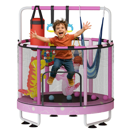 AWQM 55" 7-in-1 Round Trampoline for Kids Boys & Girls Ages 1-8, Indoor & Outdoor Trampoline for Fun, Adjustable Height Handrail ＆ Enclosed Safety Net ＆ Durable Designs for Toddlers Children