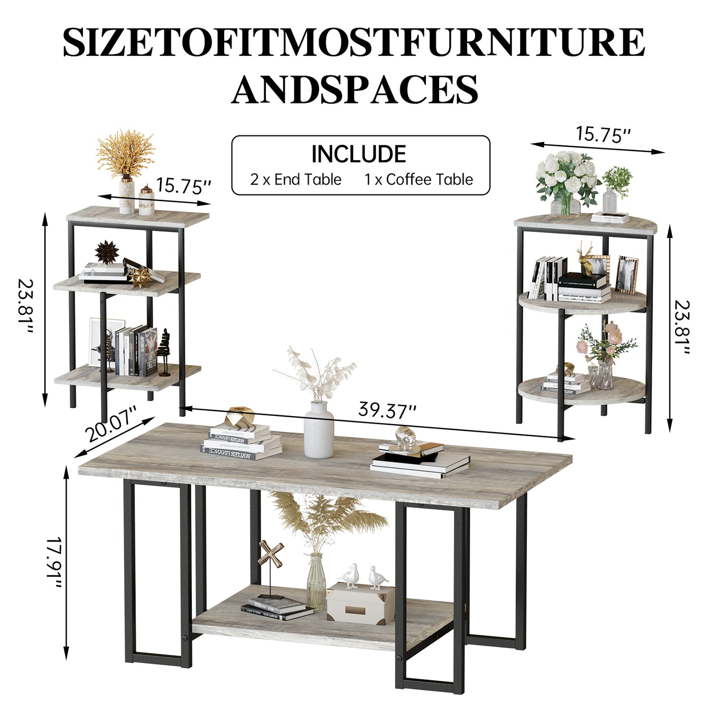 AWQM Faux Marble Table Set,Coffee Table & 2 Side Table, Faux Marble Tabletop and Metal Frame, 3 Piece Table Sets, for Living Room Apartment