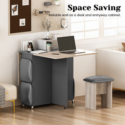 AWQM Folding Dining Table Set for 4, Dinner Table with 4 Leather Chairs and Shelves, Space Saving Foldable Dining Table with 6 Wheels, Kitchen Table Set for Small Spaces