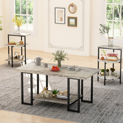 AWQM Faux Marble Table Set,Coffee Table & 2 Side Table, Faux Marble Tabletop and Metal Frame, 3 Piece Table Sets, for Living Room Apartment
