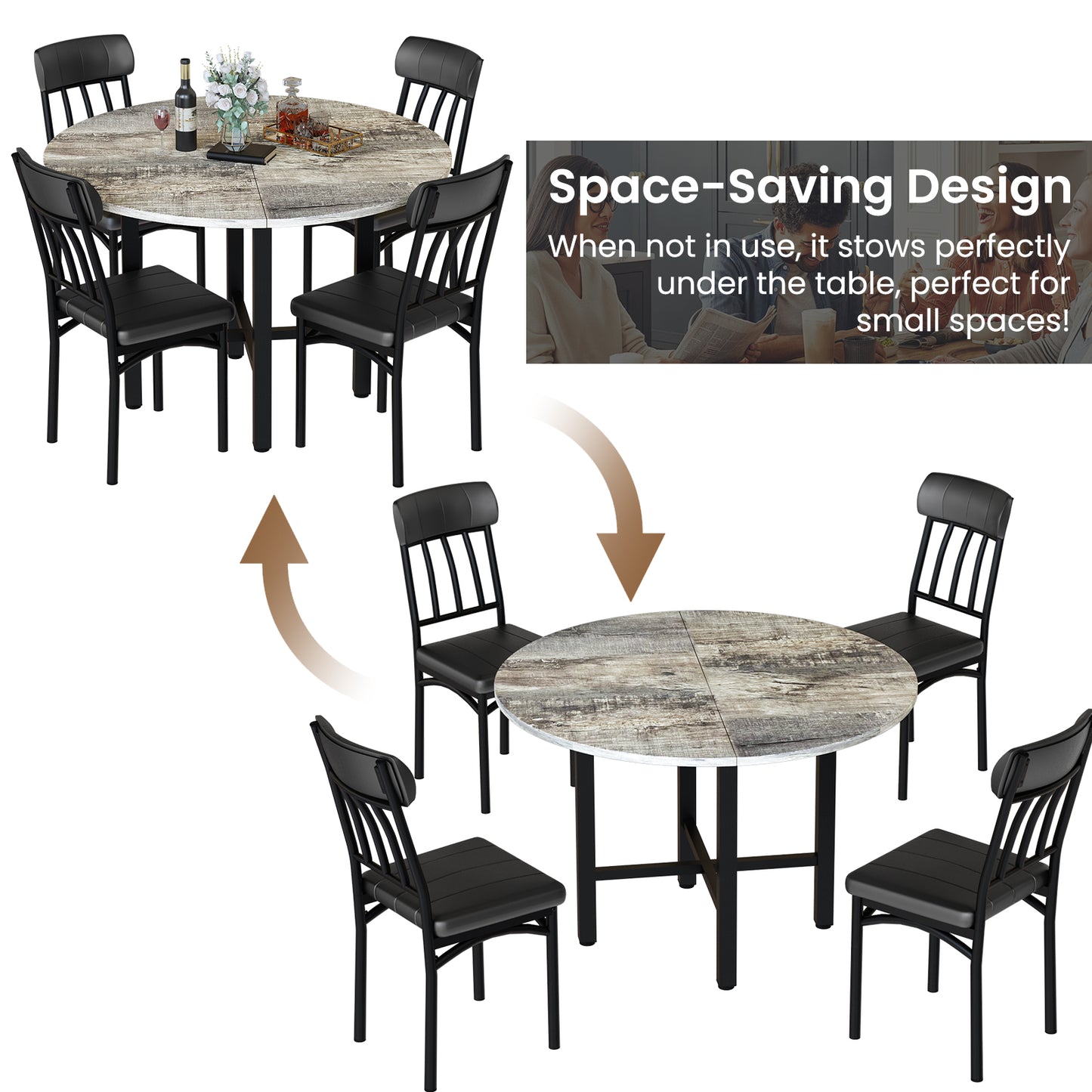 AWQM Round Dining Table Set for 4, Wood Circle Kitchen Table and Chairs Set for 4, Modern Dining Room Sets with 4 Faux Leather Chairs, Round Dinner Table for Small Space