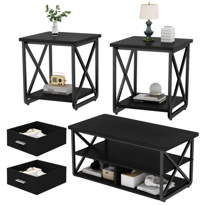 Modern Coffee Table Set of 3, with Storage Shelves and Drawers, Suitable for Small Spaces, Bedrooms, Living Rooms and Apartments.