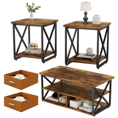 Modern Coffee Table Set of 3, with Storage Shelves and Drawers, Suitable for Small Spaces, Bedrooms, Living Rooms and Apartments.