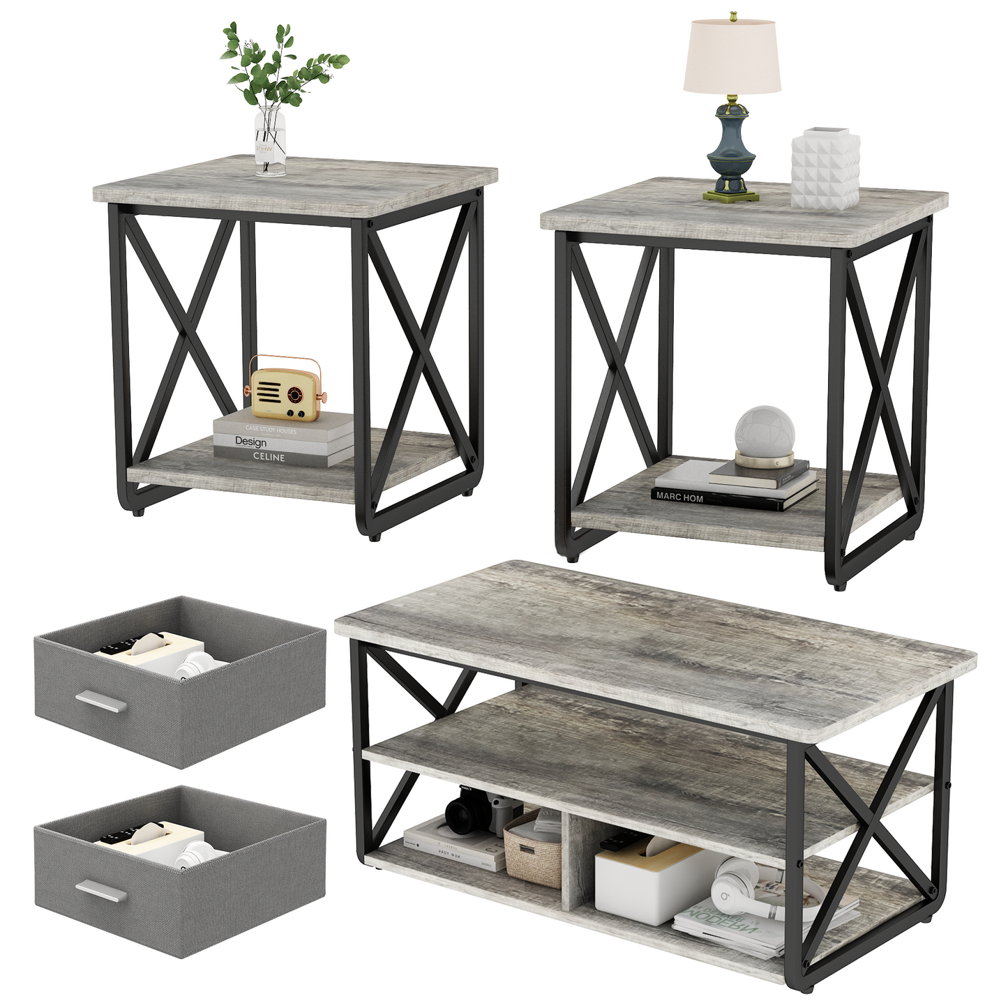 Modern Coffee Table Set of 3, with Storage Shelves and Drawers, Suitable for Small Spaces, Bedrooms, Living Rooms and Apartments.