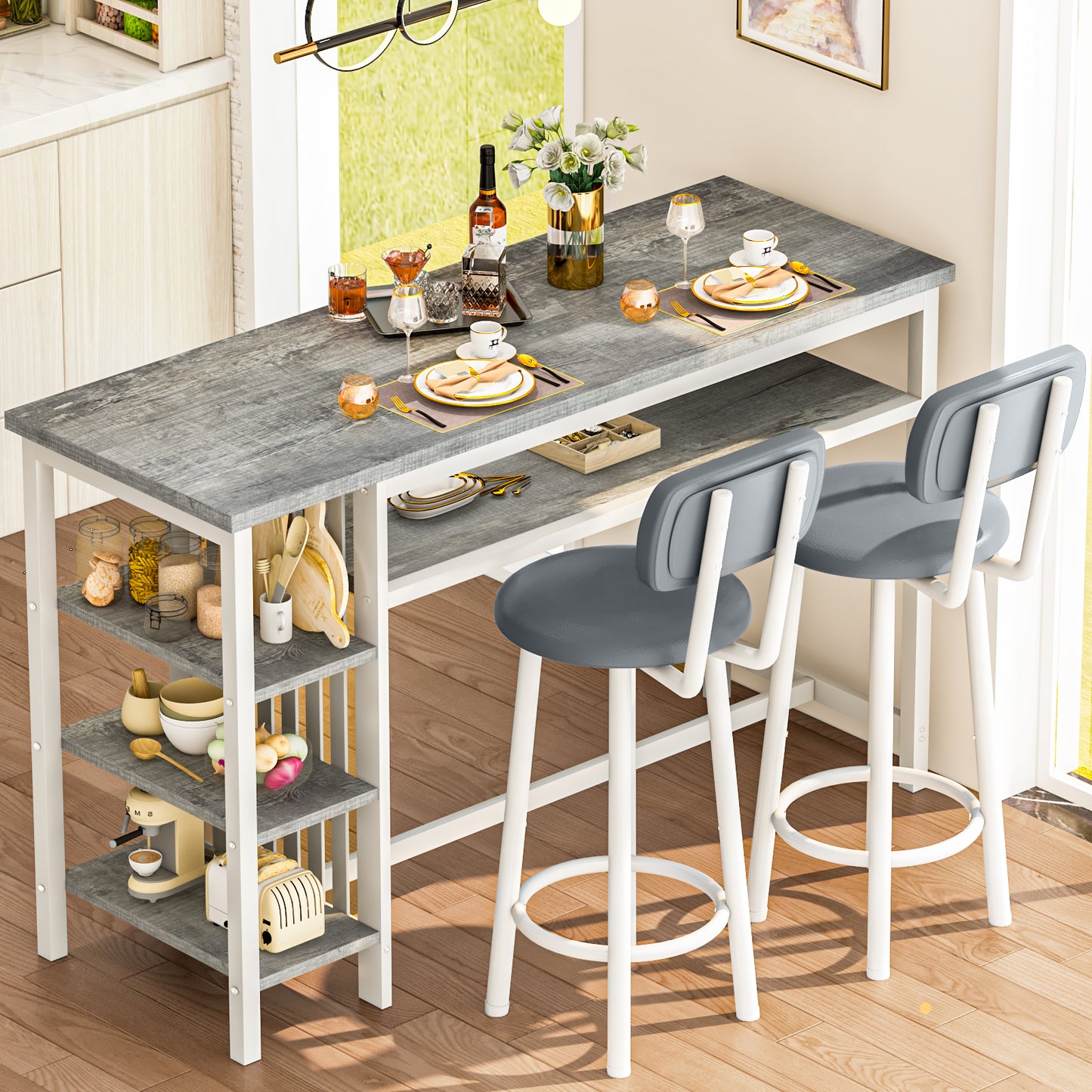 AWQM Bar Table and Chairs Set with Backrest for 2, Kitchen Counter Height Table Set with 4 Storage Shelves, Modern Pub Table with 2 PU Upholstered Stools for Kitchen, Dining Room, Rustic Brown+Black