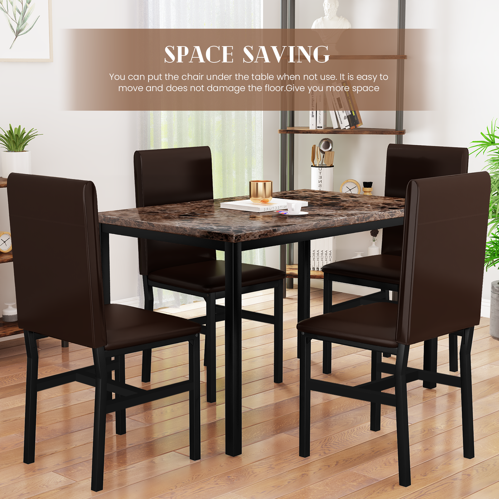 AWQM 5 Piece Dining Table Set for 4,Faux Marble Kitchen Table and Chairs for 4, Dining Room Table Set with Chairs, Brown