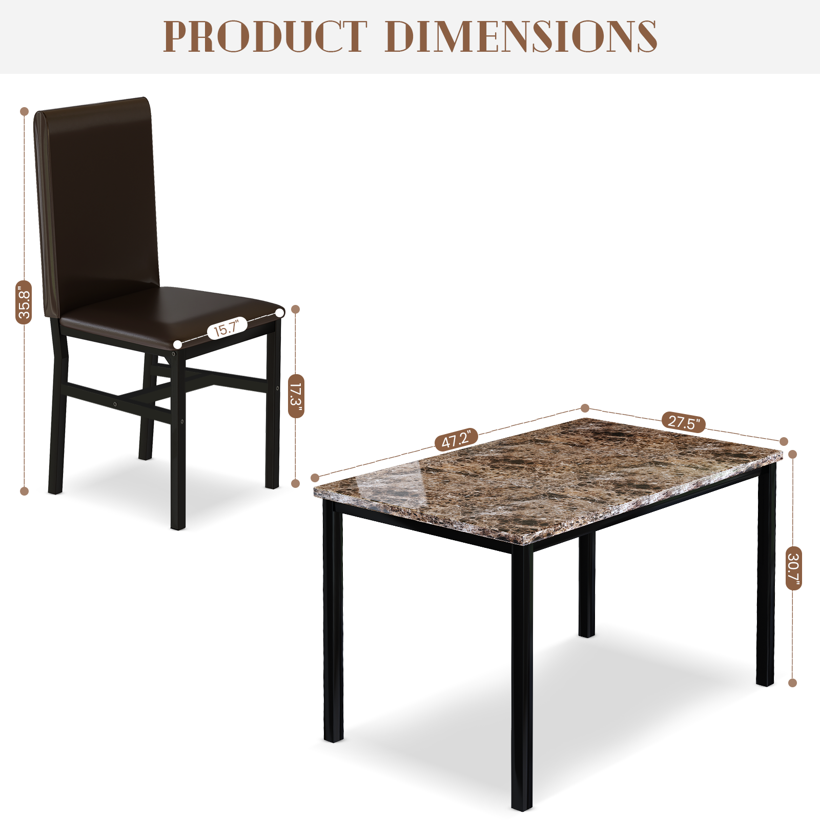 AWQM 5 Piece Dining Table Set for 4,Faux Marble Kitchen Table and Chairs for 4, Dining Room Table Set with Chairs, Brown