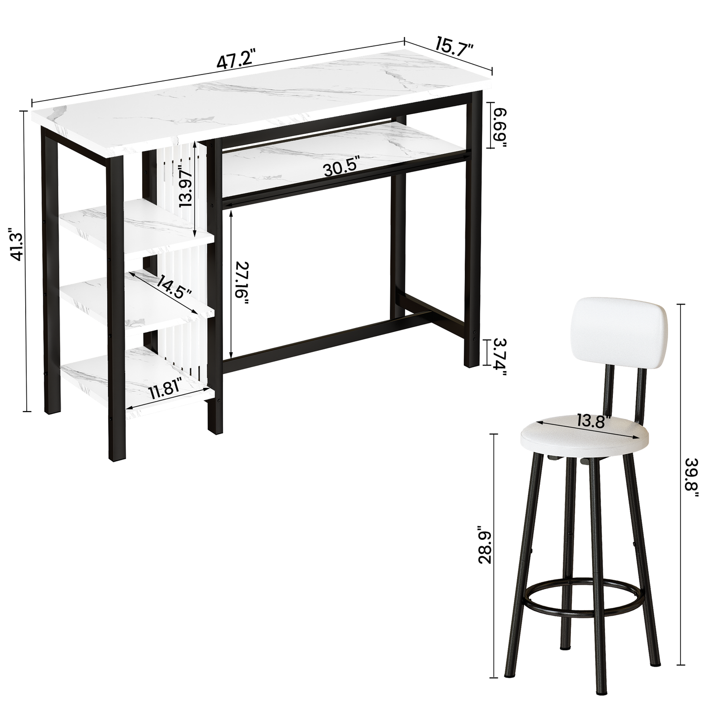 AWQM Bar Table and Chairs Set with Backrest for 2, Kitchen Counter Height Table Set with 4 Storage Shelves, Modern Pub Table with 2 PU Upholstered Stools for Kitchen, Dining Room, Rustic Brown+Black