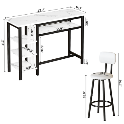 AWQM Bar Table and Chairs Set with Backrest for 2, Kitchen Counter Height Table Set with 4 Storage Shelves, Modern Pub Table with 2 PU Upholstered Stools for Kitchen, Dining Room, Rustic Brown+Black