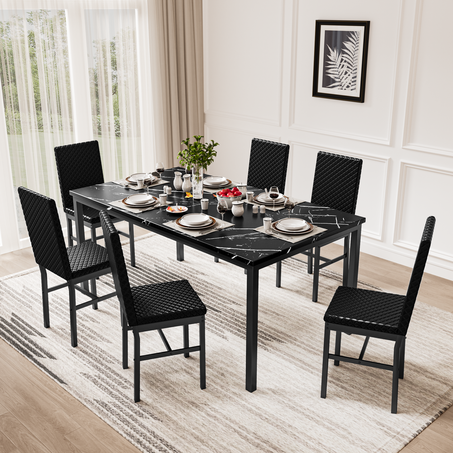 AWQM 7-piece dining table set for 6, faux marble kitchen table with 6 PU leather chairs