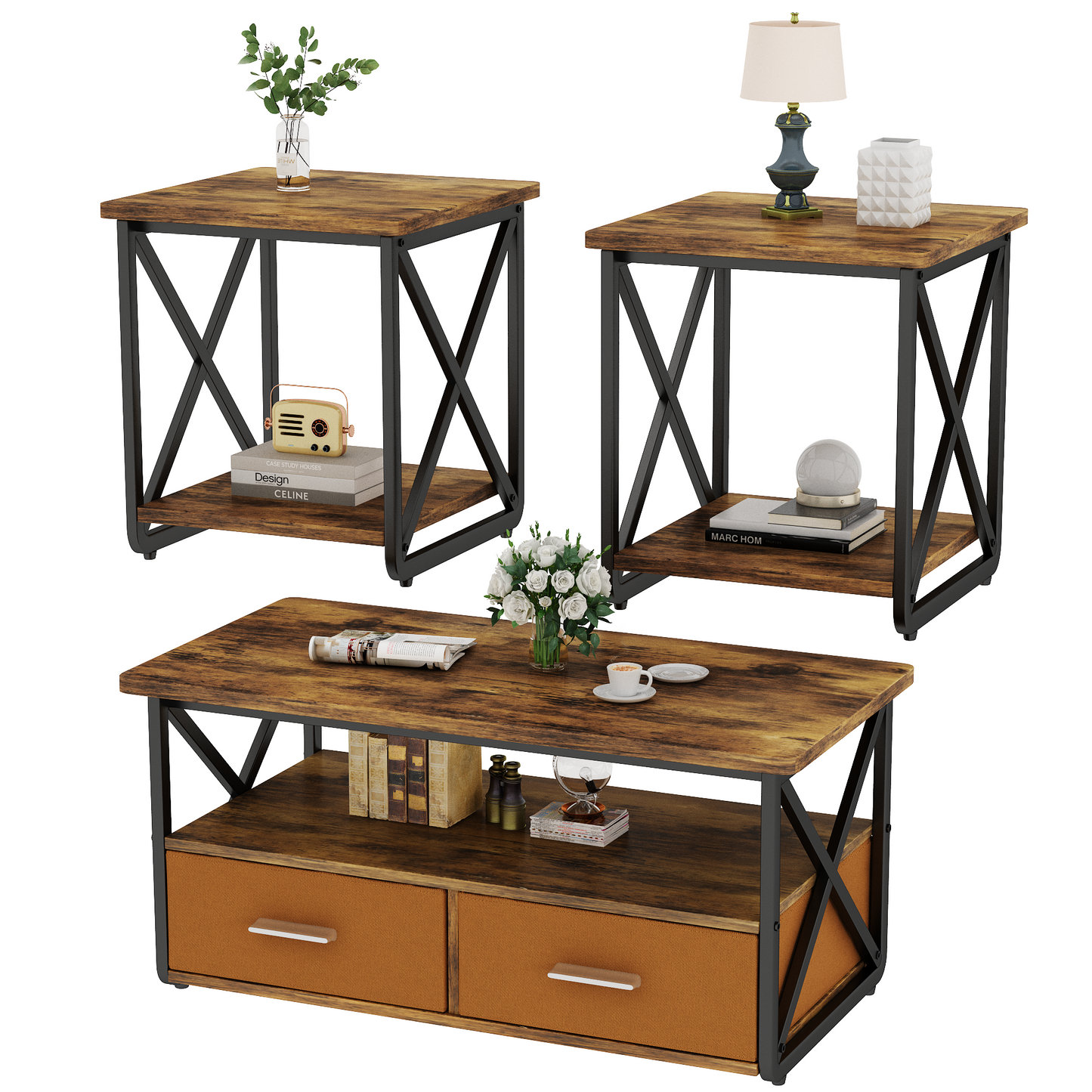 Modern Coffee Table Set of 3, with Storage Shelves and Drawers, Suitable for Small Spaces, Bedrooms, Living Rooms and Apartments.