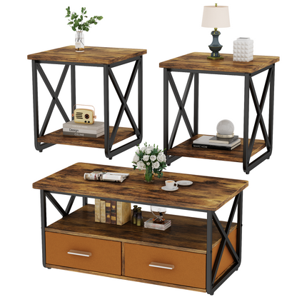 Modern Coffee Table Set of 3, with Storage Shelves and Drawers, Suitable for Small Spaces, Bedrooms, Living Rooms and Apartments.