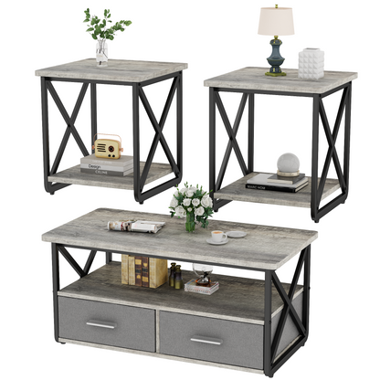 Modern Coffee Table Set of 3, with Storage Shelves and Drawers, Suitable for Small Spaces, Bedrooms, Living Rooms and Apartments.