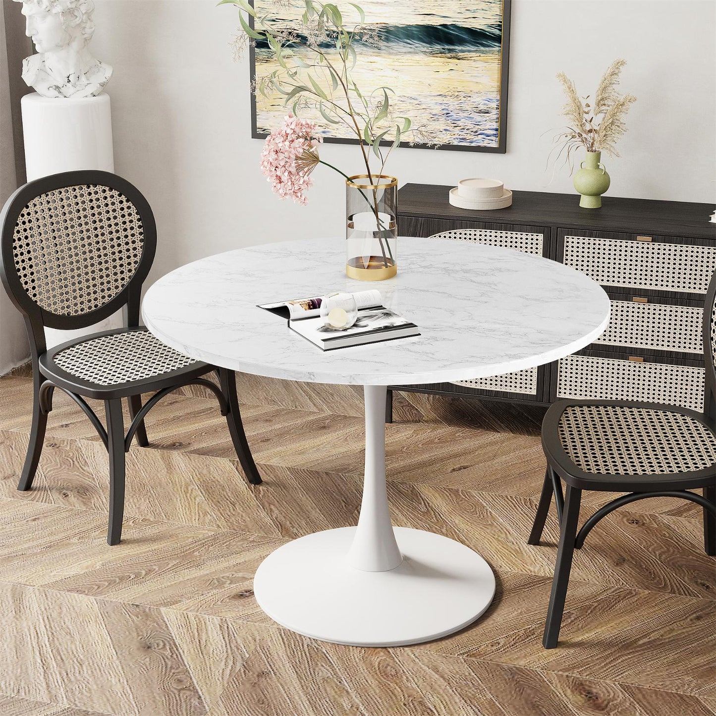 AWQM 31.5" Modern Round Tulip Dining Table with MDF Top & Metal Pedestal Base, Perfect for Dining Room, Kitchen, Living Room, or Café - Seats 2-4 People with 0.71" Thickened Tabletop