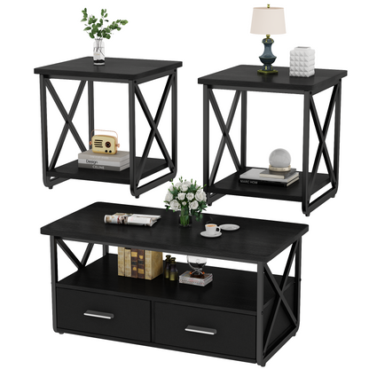 Modern Coffee Table Set of 3, with Storage Shelves and Drawers, Suitable for Small Spaces, Bedrooms, Living Rooms and Apartments.