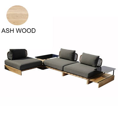 AWQM 3 Person Outdoor Modular Sofa With Coffee Table and Cushions, Natural and Gray Set of 5