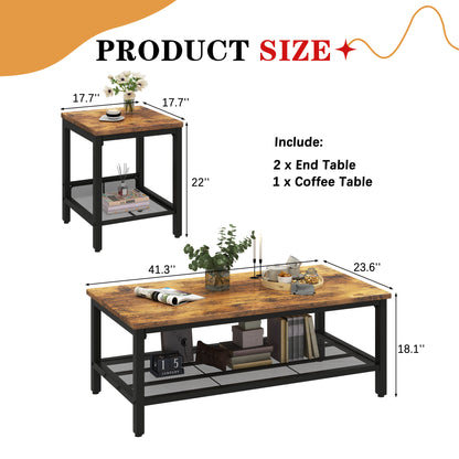 AWQM 3 Pieces Coffee Table Set, Industrial Coffee Table with 2 Square End Side Tables, Modern Living Room Table Set with Metal Frame for Apartment Home Office, Black