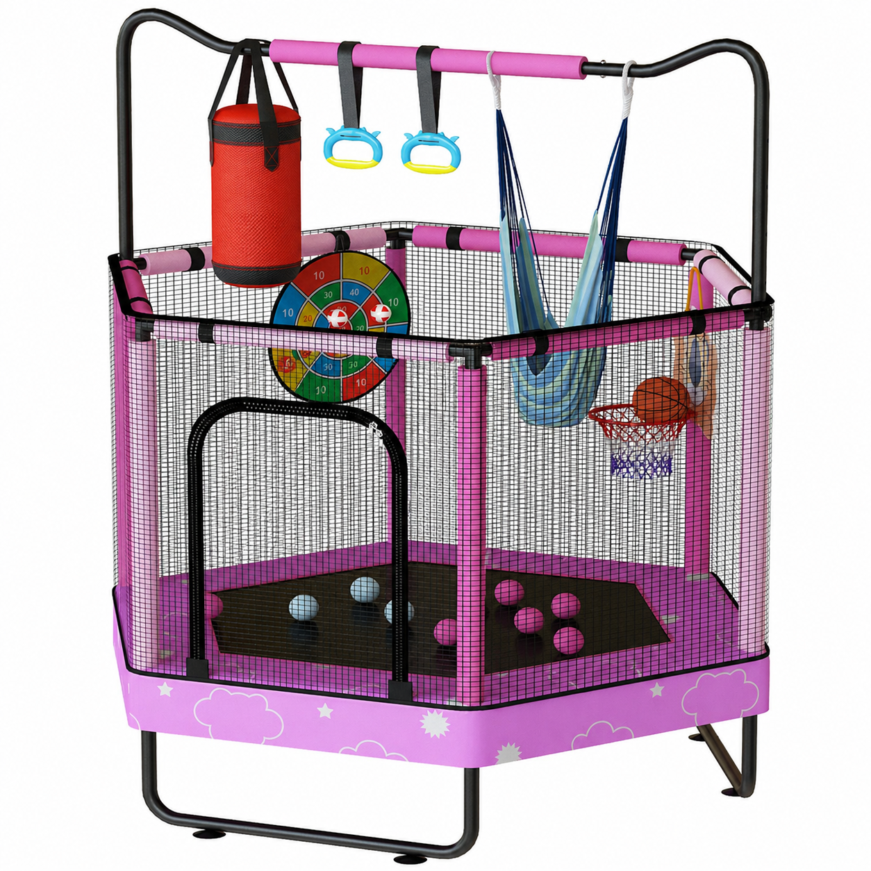 AWQM 55" Hexagon Trampoline, Indoor/Outdoor Trampoline, Safety Enclosure Net and Adjustable Handrail, 500lbs Capacity, 7-in-1