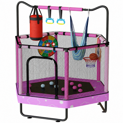 AWQM 55" Hexagon Trampoline, Indoor/Outdoor Trampoline, Safety Enclosure Net and Adjustable Handrail, 500lbs Capacity, 7-in-1
