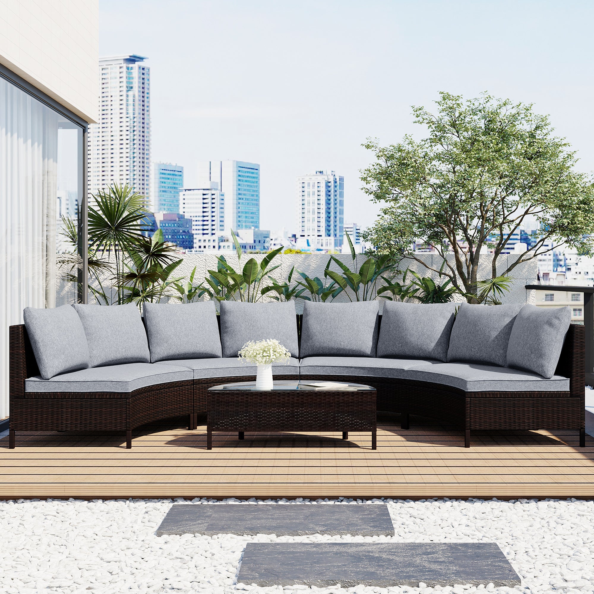 5 Pieces All-Weather Brown PE Rattan Wicker Sofa Set