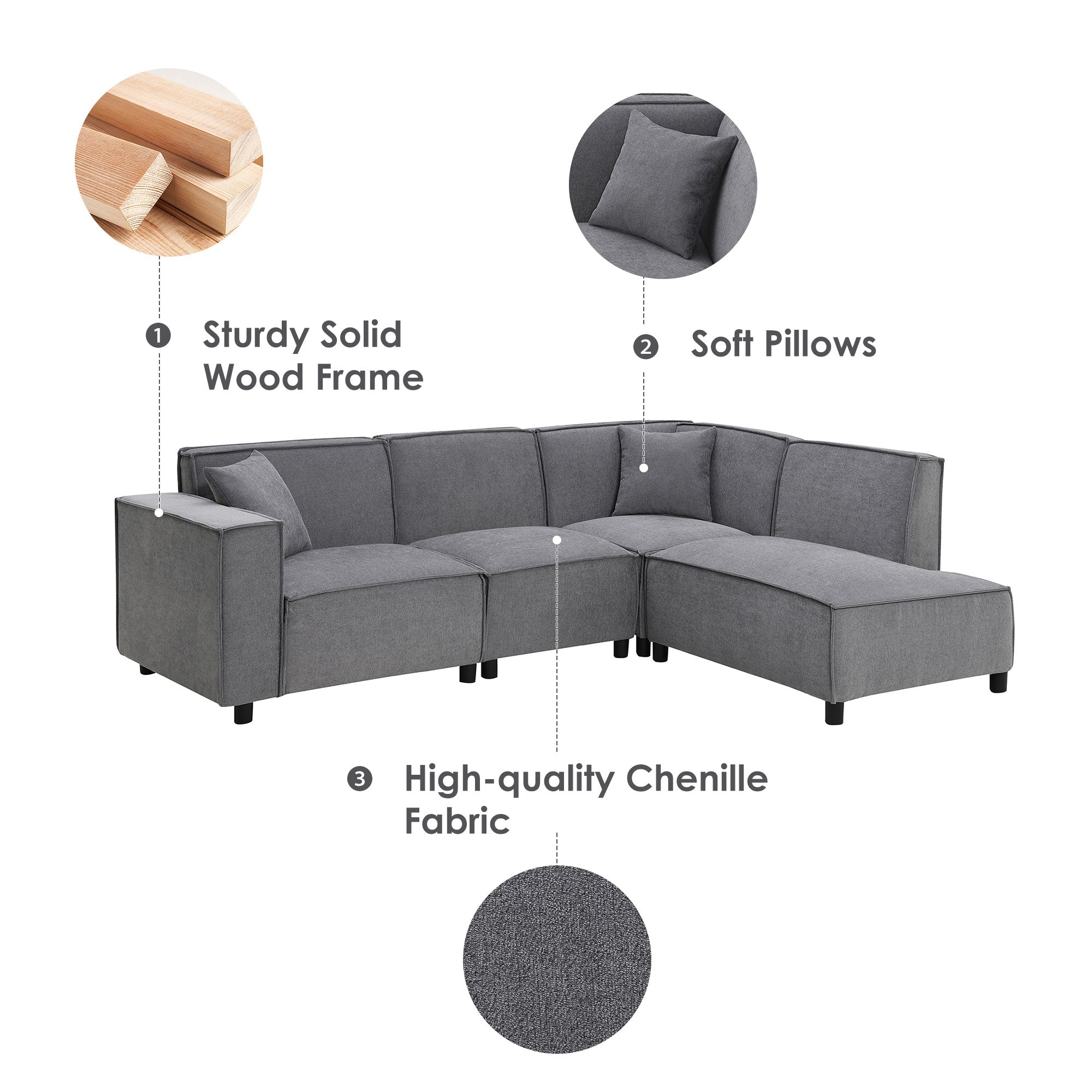 Modern Minimalist Style Dark Grey Sectional Sofa